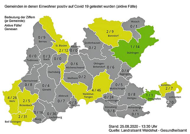 Zahlen der bestätigten Sars-CoV-2-Infektionen und der Genesenen in den Städten und Gemeinden im Kreis Waldshut am 25. August 2020.