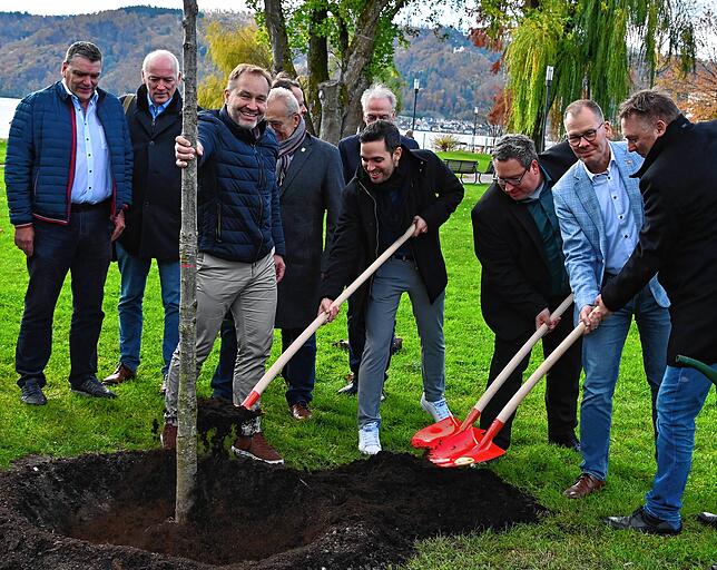 Matthias Weckbach hält die Bürgermeistereiche, während die Bürgermeister Christoph Stolz, Patrick Krauss, Thorsten Scigliano und Alois ...