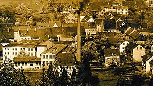 Blick vom Schlössle (Burg Werrach) auf die Papierfabrik um 1930.