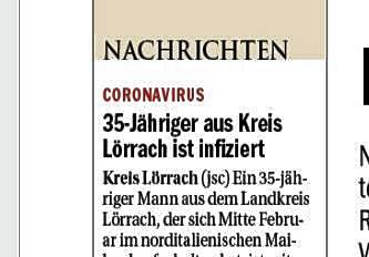 Am 4. März 202 berichtet der SÜDKURIER über den ersten Corona-Fall am Hochrhein.