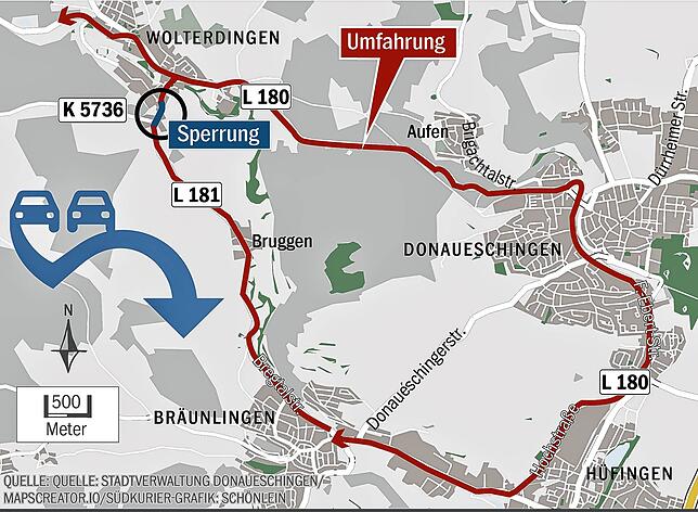 Bild 1: Autofahrer in Wolterdingen aufgepasst: Wegen Kanalarbeiten drohen enorme Umwege