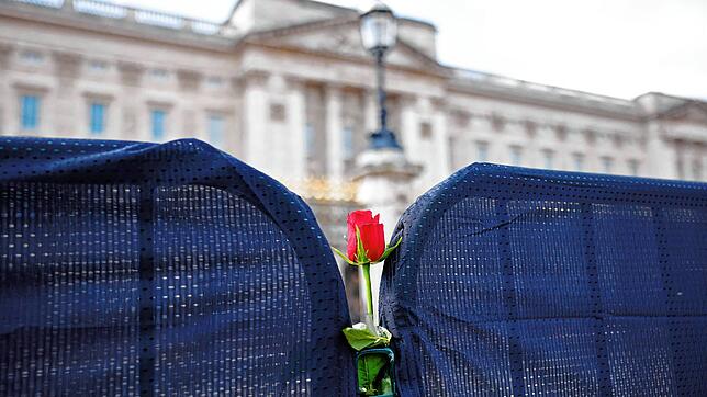 Eine Rose vor dem Buckingham Palace zwei Tage nach dem Tod von Prinz Philip