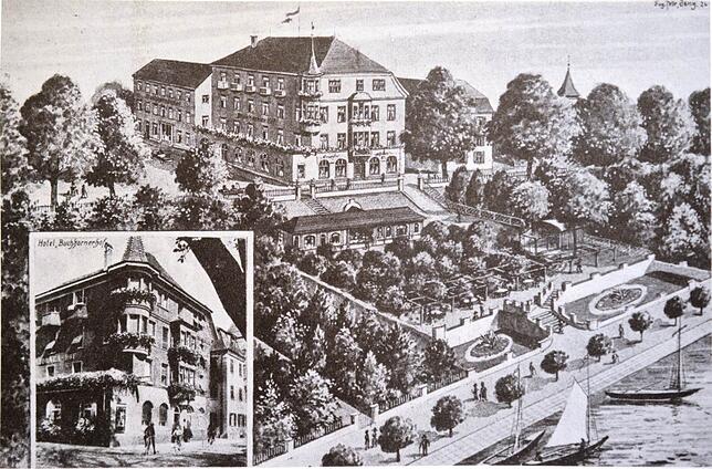 Um 1910: Der Buchhorner Hof mit Garten auf dem Uferparkgelände.