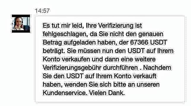 Nochmal 67.000 bitte: Ein Auszug aus dem Chat, den Thorsten W. mit dem angeblichen Kundenservice führte.