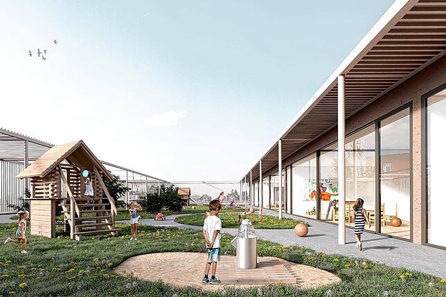 Entwürfe für das geplante Feuerwehrgerätehaus mit Kindertagesstätte auf dem Dach an der Waldshuter Robert-Gerwig-Straße.