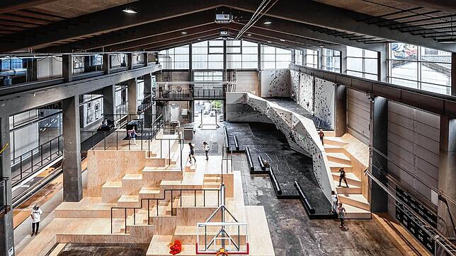 Blick in ein Haus des Sports in Oslo, entworfen vom Büro Lala Toyen &ndash; mit Boulder-Wand, Basketball-Feld, Fitness-Ausrüstung. Ein ...