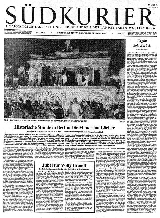 „Historische Stunde in Berlin: Die Mauer hat Löcher.“ So lautete die Schlagzeile des SÜDKURIER auf Seite 1 am 11. November 1989.