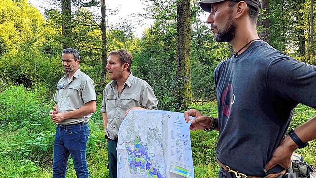 Markus Rothmund, Amtsleiter des Kreisfortamtes Waldshut, Alexander Jentsch, Forsteinrichter vom Regierungspräsidium Freiburg, und der ...