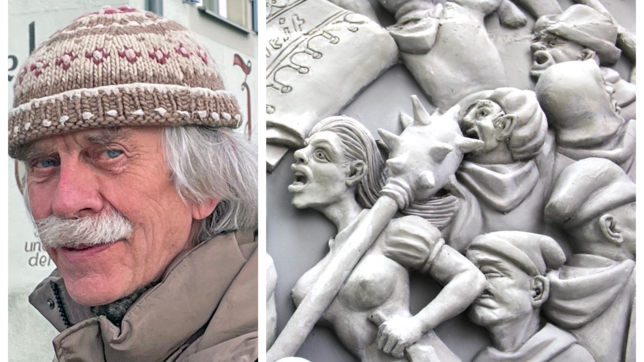 Peter Lenk sorgt für ein launiges Detail im Schlachtengemälde: Eine weibliche Kämpferin im sonst männlichen Heer der Bauern.