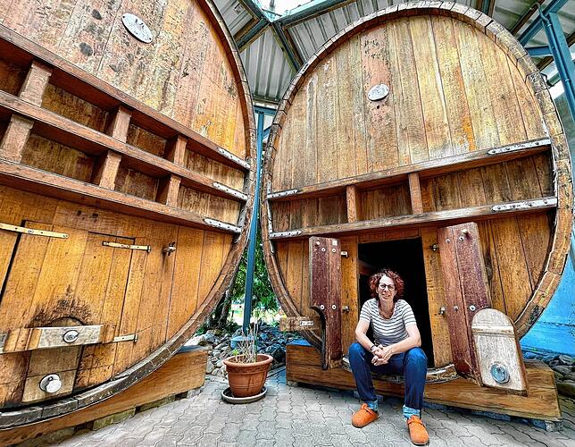 Vier riesige alte Weinfässer hat Katja Waldmeier mit jeweils sechs Stockbetten ausgestattet. Hier können ihre Gäste nach einer Weinprobe ...