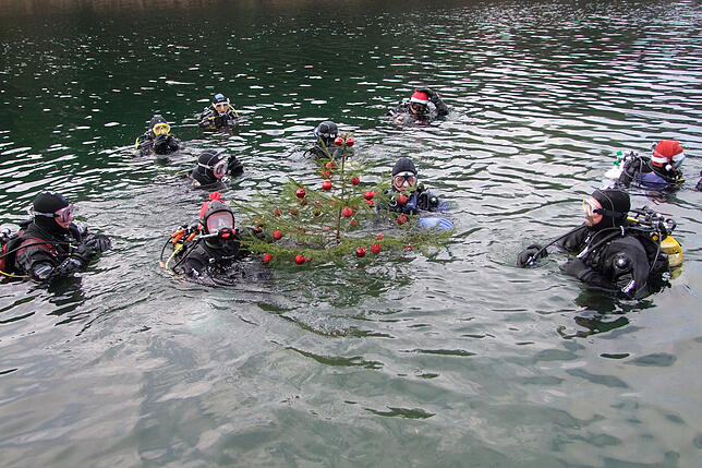Gleich geht es hinunter in zehn Meter Tiefe. Ist der Weihnachtsbaum gestellt, wird mit einem kleinen Likör unter Wasser angestoßen. ...