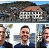 Oben ist das Rathaus von Ludwigshafen vom See aus zu sehen. Die Kandidaten unten von links: Alessandro Ribaudo, Christoph Stolz und ...