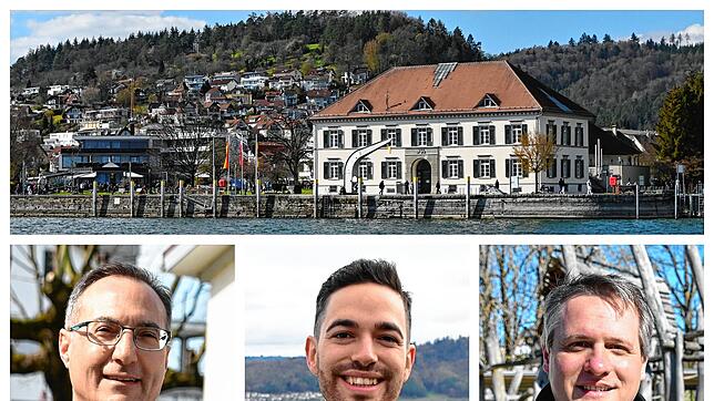Oben ist das Rathaus von Ludwigshafen vom See aus zu sehen. Die Kandidaten unten von links: Alessandro Ribaudo, Christoph Stolz und ...