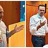 Simon Blümcke (links) und Johannes Henne stellen sich beim Stadtforum Friedrichshafen vor.