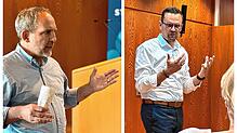 Simon Blümcke (links) und Johannes Henne stellen sich beim Stadtforum Friedrichshafen vor.