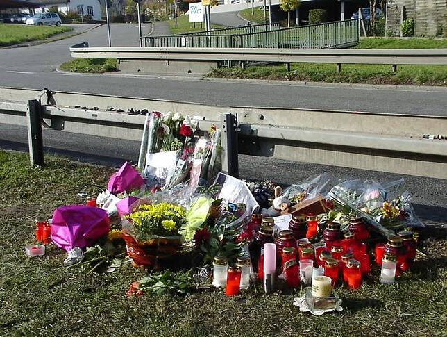 Blumen und Kerzen liegen kurz nach dem Unfall im Herbst 2008 an der Leitplanke der Bundesstraße 34 bei Albbruck, wo drei junge ...