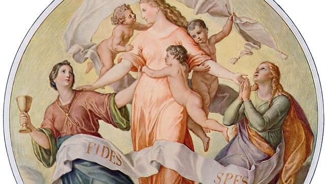 Die göttlichen Tugenden Glaube, Liebe, Hoffnung in einer Darstellung von Julius Schnorr von Carolsfeld (1794-1872).
