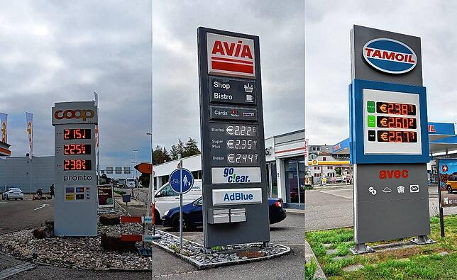 Die Schweizer Tankpreise am 1. September: Die Preise an der Rheinfelder (CH) Coop-Tankstelle (von links), an der Rheinfelder Avia und an ...