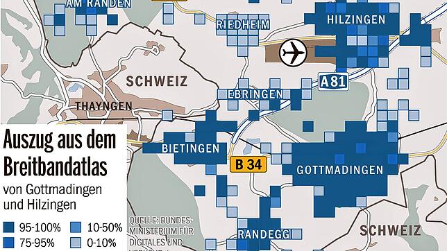 So sieht ein Auszug aus dem Breitbandatlas von Gottmadingen und Teilen von Hilzingen des Bundesministeriums für Digitales aus. Die ...