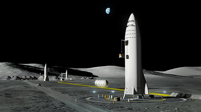 Die Computergrafik zeigt ein geplantes Raumschiff von SpaceX auf dem Mond. Das Raumschiff soll mit einer neuen Großrakete frühestens ...