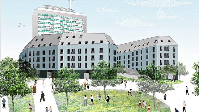 Von der Jahnstraße aus gesehen soll das neue Quartier neben dem ehemaligen Telekomturm einmal so aussehen: Zwei fünfstöckige Häuser mit ...