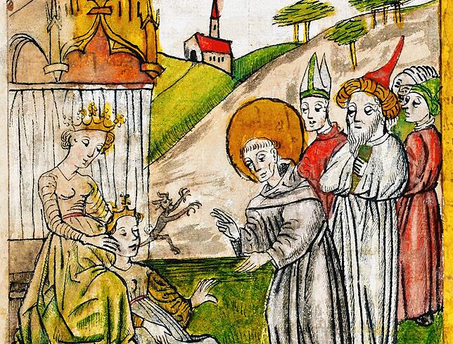 Legendärer Exorzismus: Der Heilige Gallus treibt Fridiburga, der Tochter des Überlinger Herzogs Gunzo, den Dämonen aus. Dieser ...