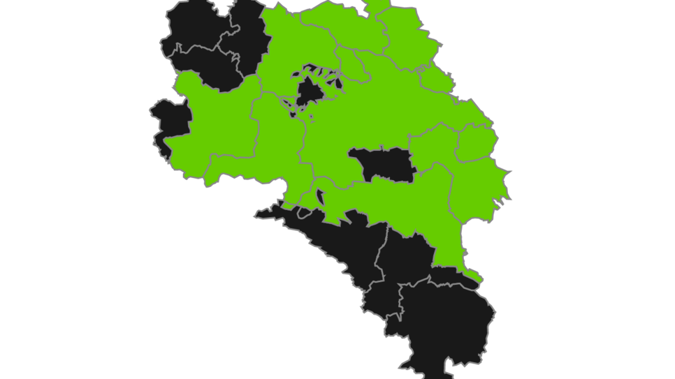 Die Gemeinden, in denen die Grünen die meisten Stimmen geholt haben, sind in der Karte grün eingefärbt. In den schwarz eingefärbten ...