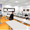 Dieser erste Entwurf zeigt, wie die Klassenzimmer nach der Sanierung aussehen könnten. Im Hintergrund ist eine mit Nischen gegliederte ...