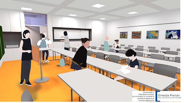 Dieser erste Entwurf zeigt, wie die Klassenzimmer nach der Sanierung aussehen könnten. Im Hintergrund ist eine mit Nischen gegliederte ...
