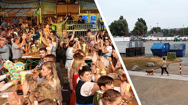 Beim Oktoberfest auf Klein Venedig (links) wurde über viele Jahre feiert. Aktuell wird auf dem Areal (rechts) alles für die ...