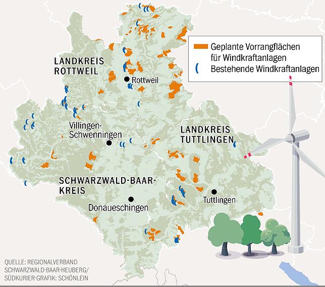 So soll der weitere Ausbau der Windenergie in der Region aussehen. Vor allem im Landkreis Rottweil werden viele neue Standorte als ...