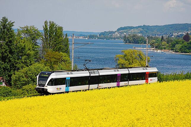 Auch Bahnfahren – hier der Thurbo am Schweizer Ufer – ist mit einigen der Karten möglich.