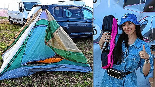 Ein Stein mit viel Klebeband hält die kaputten Zeltstangen zusammen. Ob das hält? Die Reporterin Elisa Gorontzy geht auf Nummer sicher.
