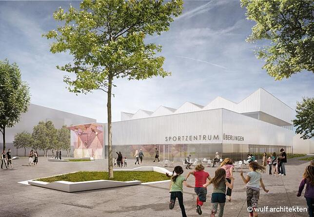 Eine Ansicht des neuen Sportzentrums in Überlingen unter der Annahme, dass die Kletterhalle gebaut wird. Ohne Kletterhalle würde der ...