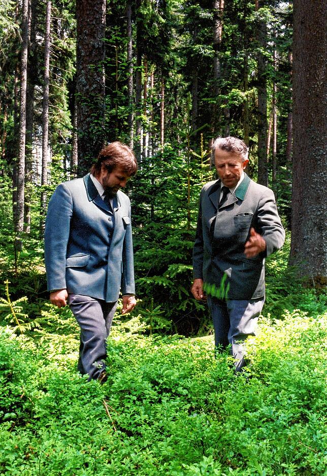Übergang von der fünften in die sechste Generation: Erich Fesenmeyer (rechts) diskutiert mit seinem Sohn Hans-Peter über Naturverjüngung.