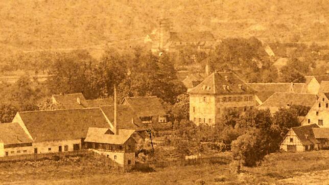 Das Schloss-Areal 1892, ein Jahr vor dem Kauf durch die Gemeinde Wehr (Detail): Links die Dampfsäge mit Kamin und dem zweistöckigen ...