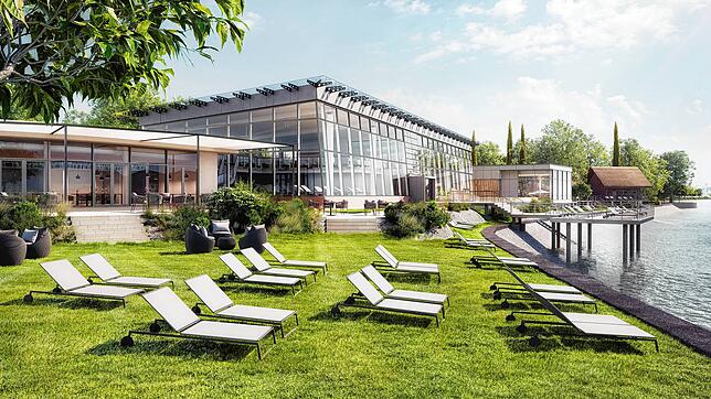 So soll es zukünftig aussehen: Der Gastronomiebereich der Meersburg Therme, vorn links, wird durch einen Anbau vergrößert, der ...