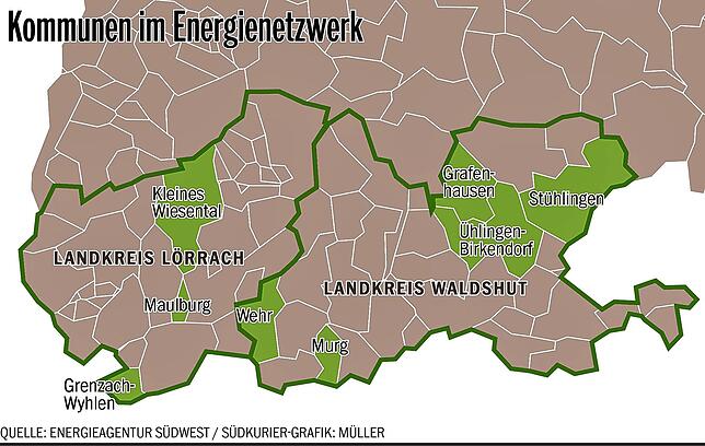 Die grün gekennzeichneten Städte und Gemeinden sowie die beiden Landkreise Lörrach und Waldshut sind bislang Mitglieder des ...