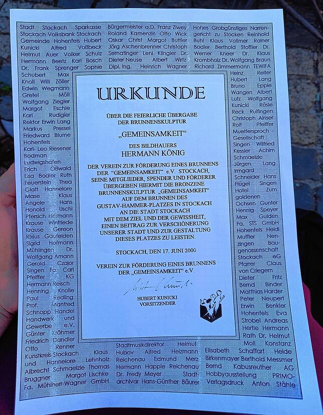 Dies ist die Kopie einer Urkunde, die in einer Box im Brunnen der Gemeinsamkeit als Zeitkapsel liegt.