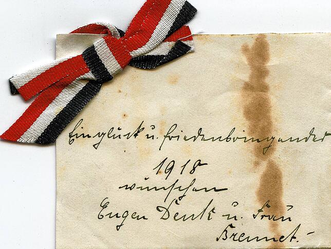Ein Gruß des MBB-Vorstands und Direktors in Brennet Eugen Denk zum Neujahr 1918 an seinen Freund Eugen Biesinger, der 1916 in den Krieg ...