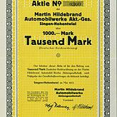 Anteilschein über 1000 Mark an den Martin Hildebrand Automobilwerke AG vom Mai 1922.