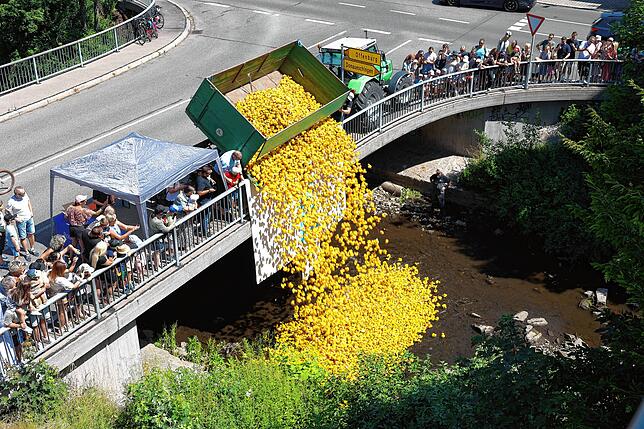 Start zum 24. Entenrennen in Villingen. 6500 gelbe Plastikenten stürzen kopfüber von der Inselhofbrücke in die Brigach.