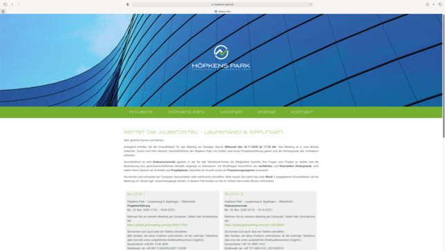 So warb die Höpkens Park + CE GmbH auf der Startseite des Unternehmens im November 2020 kurzfristig im Internet um Anteilseigner einer ...
