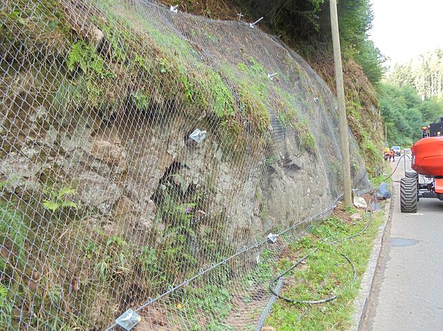 Gut verpackt: Hinter einem Maschendrahtnetz aus Spezialstahl eine Felswand im Bernecktal.