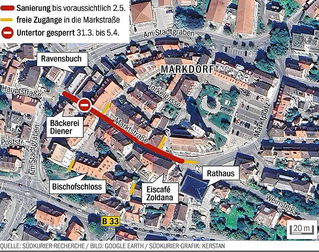 Das Pflaster wird in der gesamten Marktstraße in mehreren Bauabschnitten saniert. In der Grafik gelb markiert sind die freien Zugänge in ...
