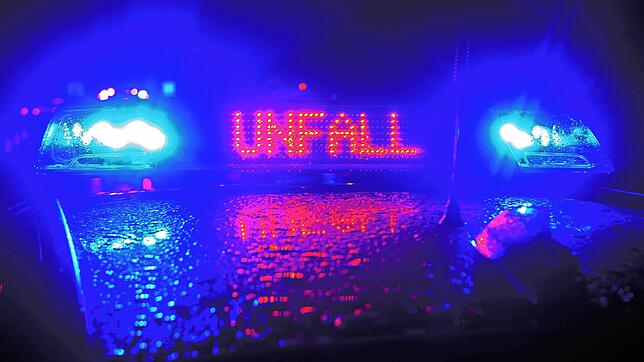 Ein Polizeiauto mit eingeschaltetem Blaulicht und Unfallwarnung (Symbolfoto). Auf der L169 bei der Unteren Alp bei Stühlingen hat es ...