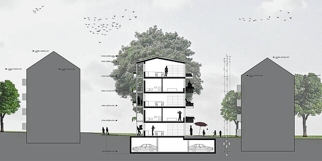 Im Querschnitt wird deutlich, dass die Abstände zwischen den Bestandsgebäuden und dem Neubau gering sind. Von Balkon zu Balkon sind es ...