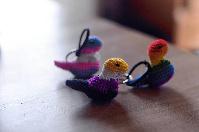 Hauke häkelt Dinos in den unterschiedlichen Pride-Farben. Der vorderste Häkeldino trägt die Farben der Nonbinarität. Mehr zu Haukes ...