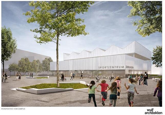 Realitätsnahe Ansichten vom neuen Sportzentrum, das in Überlingen entstehen soll. Diese Ansichten zeigt das Gebäude ohne Kletterhalle. ...