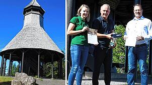 Übergabe der Urkunde von Bauwerk Schwarzwald am Hochkopfturm (von links): die Leiterin der Tourist-Info Todtmoos, Katharina Maier, der ...